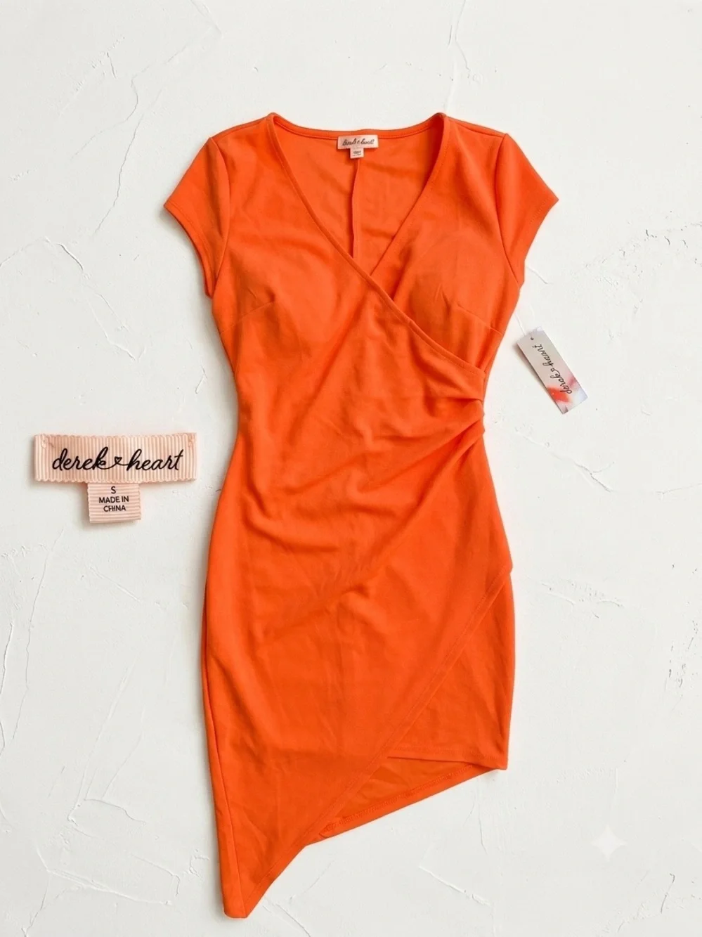 Derek Heart Bright Orange Asymmetrical Surplice Dress Small - Picture 2 of 8